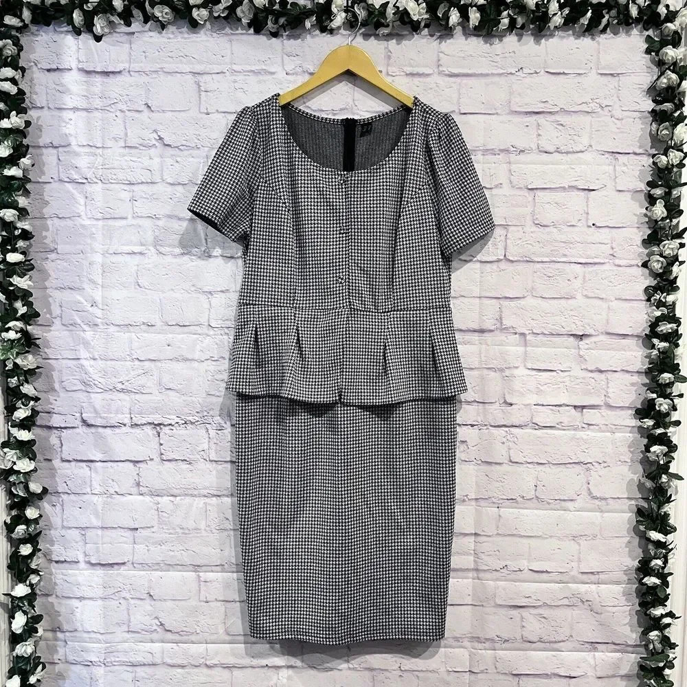 VFShow  Womens Peplum Dress‎ Size XXL Black Houndstooth Short Sleeve
